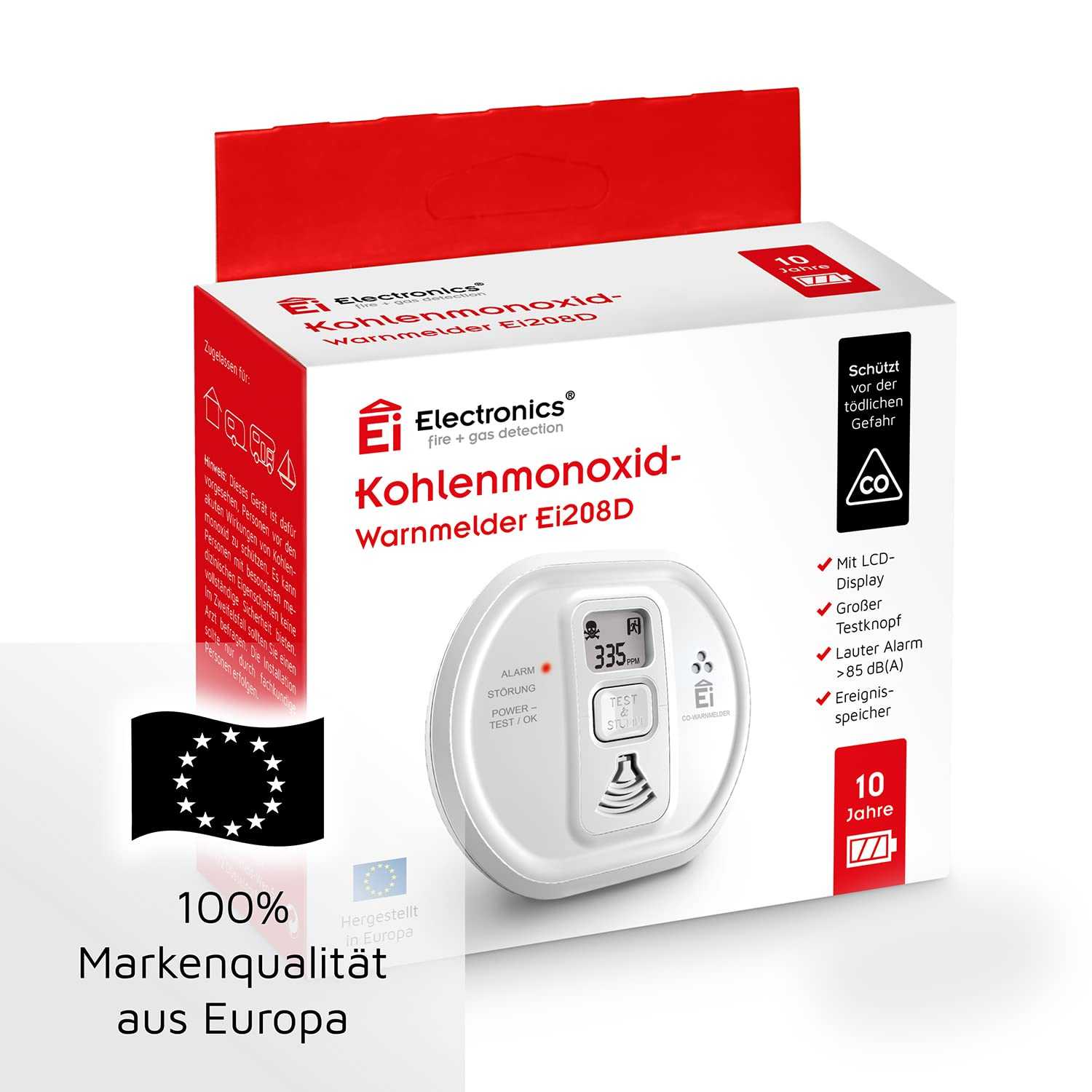 Ei Electronics Ei208D Kohlenmonoxid-Melder - Zuverlässiger CO-Melder mit LCD-Anzeige und Batterie Mesch Shop
